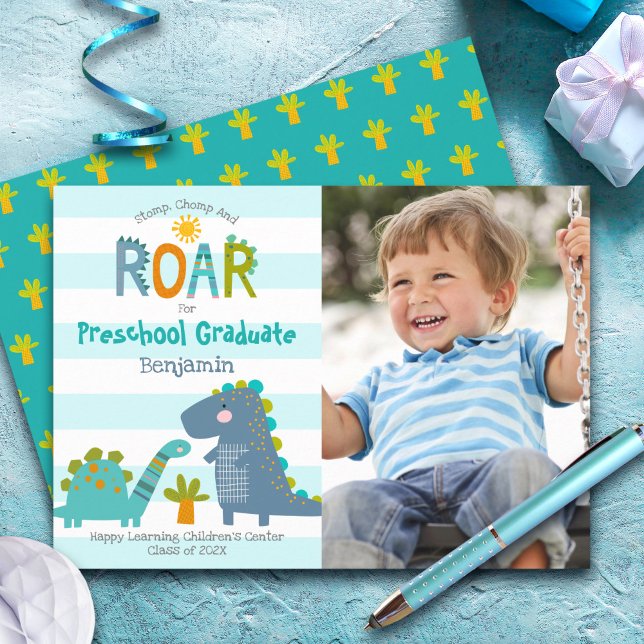 Graduation Preschool Photo Dinosaurs Boy Cute Fun Announcement (Creator Uploaded)
