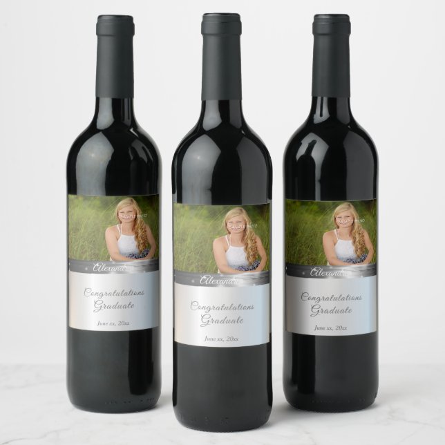 Graduation Pretty Silver Satin Silk  Wine Label (Bottles)