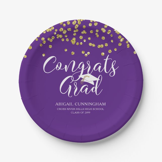 Graduation Purple CONGRATS GRAD Script Confetti Paper Plate (Front)
