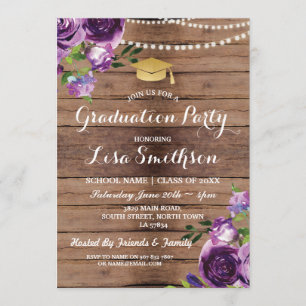 Graduation Purple Flowers Lights Wood Invite