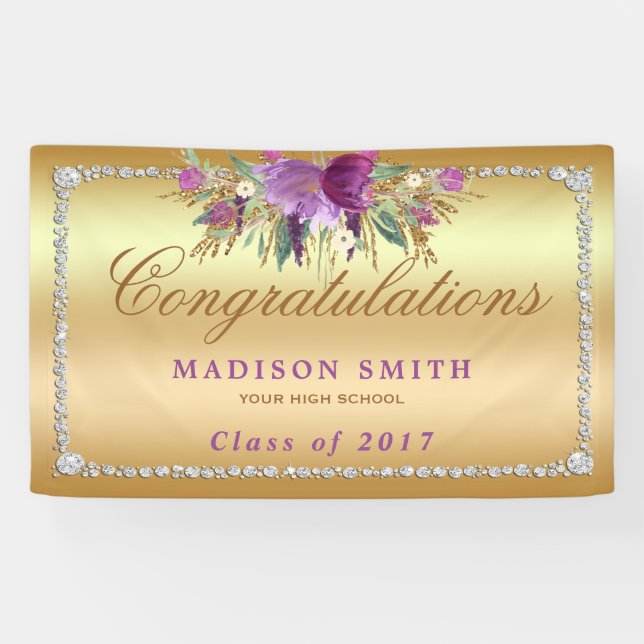 Graduation Purple Glitter Flowers Diamonds Gold Banner (Horizontal)