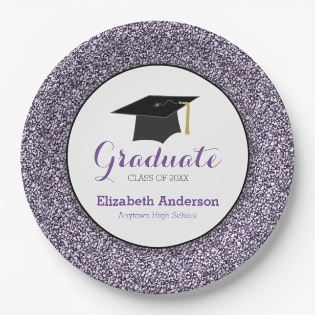 Graduation Purple Glitter Mortarboard Paper Plate (Front)