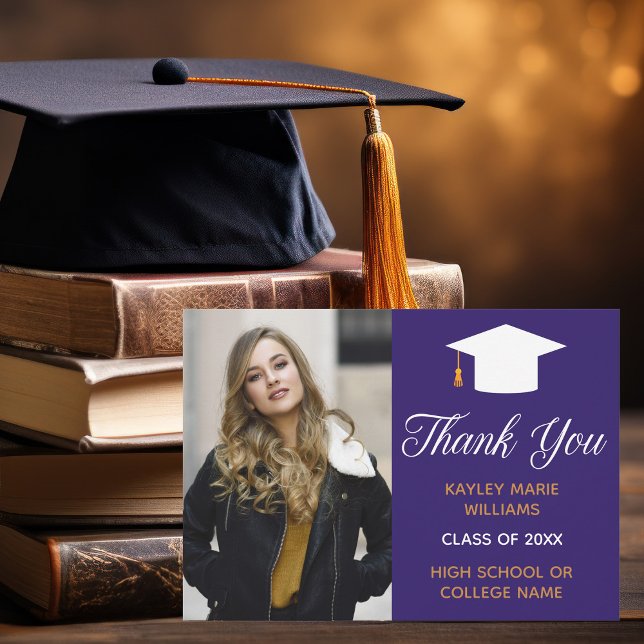 Graduation Purple Gold Photo Custom 2025 Graduate Thank You Card (Creator Uploaded)