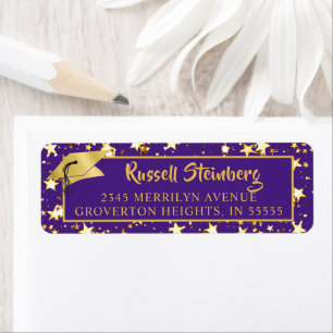 Graduation Purple Gold Stars Brush Script Étiquett