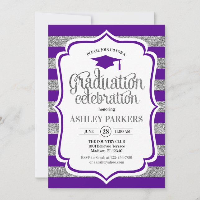 Graduation - Purple Silver Stripes Invitation (Front)