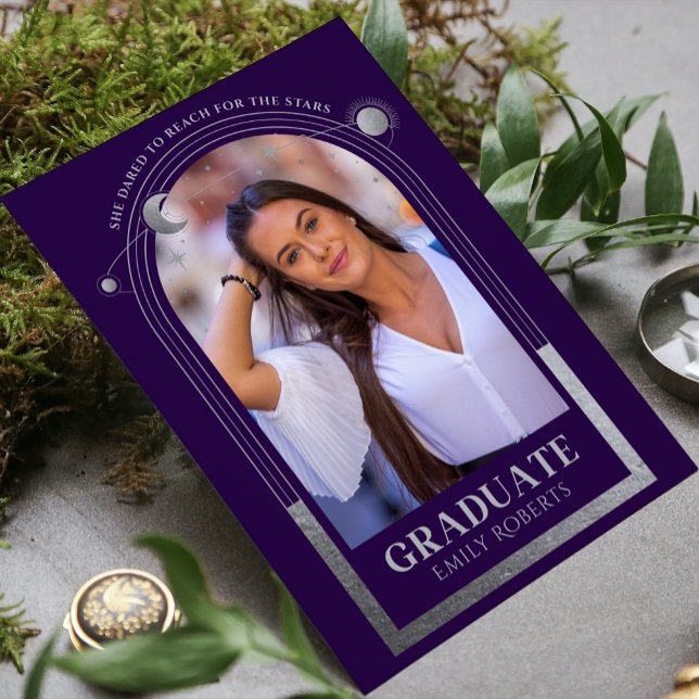 Graduation Purple Silver Sun Moon Stars Grad Photo Invitation (Creator Uploaded)