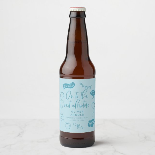 Graduation Quirky Doodle Next Adventure Blue Beer Bottle Label (Front)