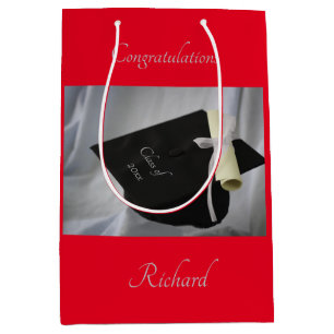 Graduation Red Cap & Diploma Personalized Medium Gift Bag