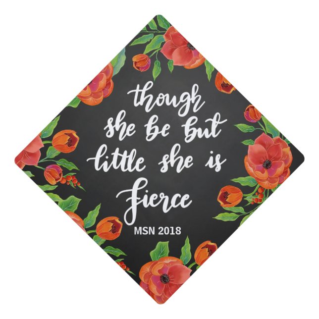 Graduation Red Floral Though She Be Little Script Cap Topper (Front)
