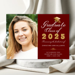 Graduation Red Gold Script Class of 2023 Photo Announcement