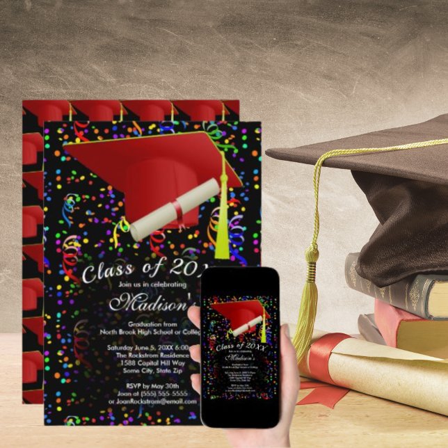 Graduation Red Grad Cap Diploma Confetti Black Invitation (Graduation Red Grad Cap Diploma Confetti Black Invitation)