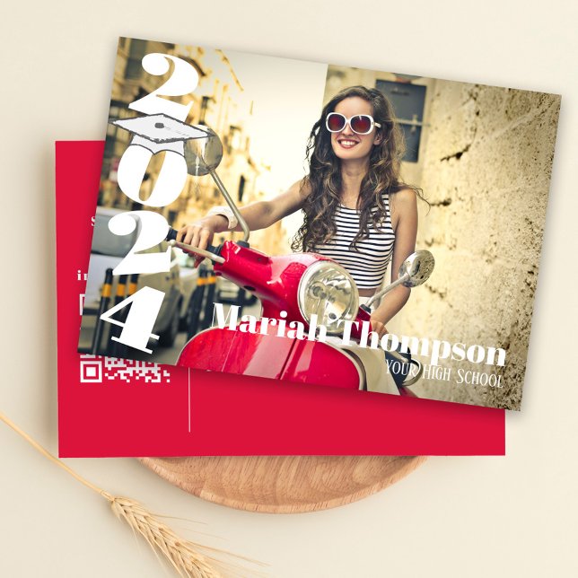 Graduation Red Photo Simple Class Of 2023 QR Code Invitation (Graduation invitation announcement card with crimson red school colors. )