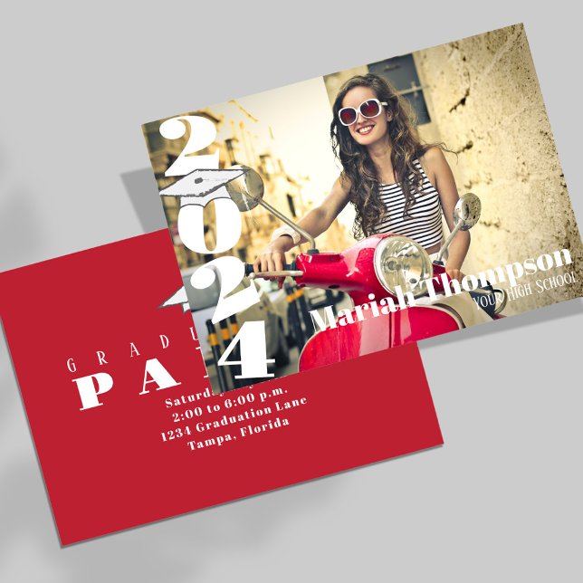 Graduation Red Typography Photo Class Of 2023 Invitation (Graduation invitation announcement card with cardinal red school colors. )