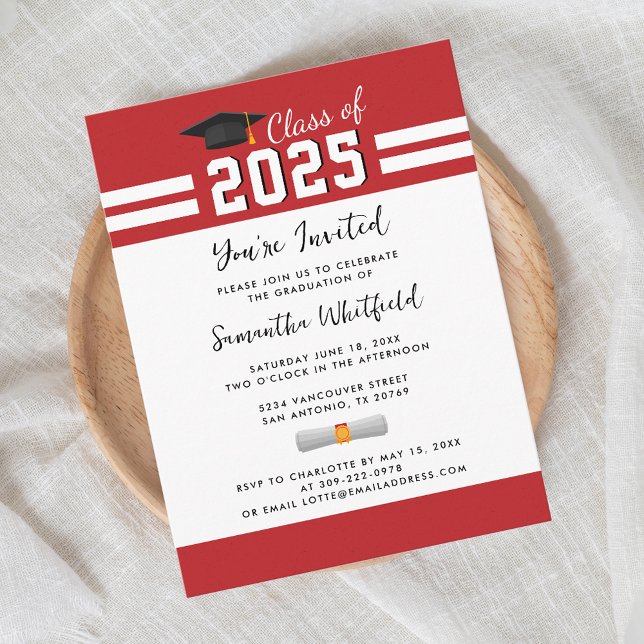 Graduation Red White Script Grad Party Invitation Postcard (Graduation Party 2025 Grad Red and White Invitation)