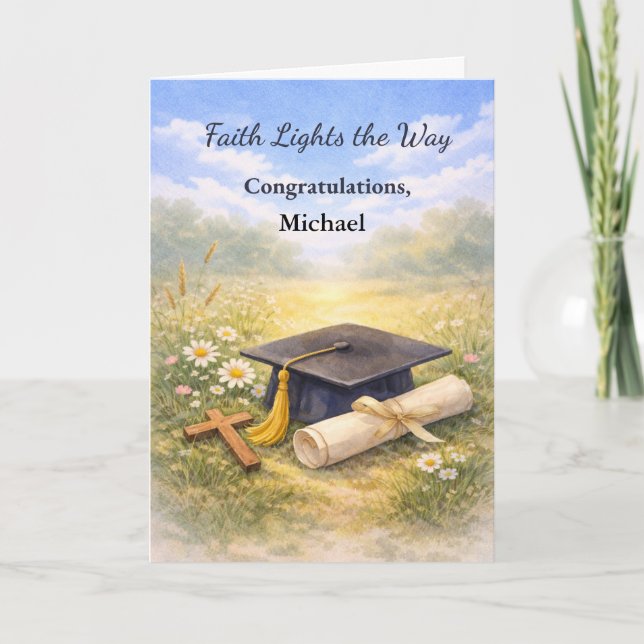 Graduation Religious Custom Name Cap and Cross Card (Front)