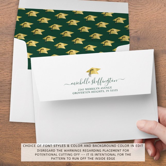 Graduation Return Address Dark Green Gold Script Envelope (Creator Uploaded)