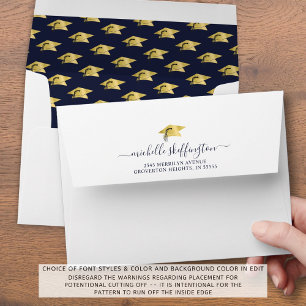 Graduation Return Address Navy Blue Gold Script Envelope