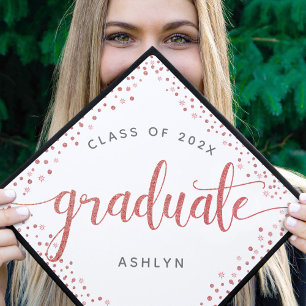 Graduation rose gold glitter dots & script custom graduation cap topper