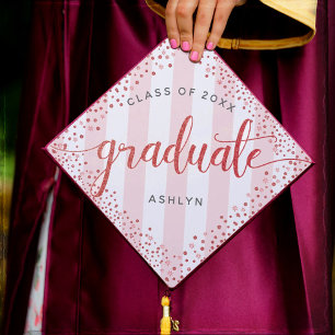 Graduation rose gold glitter dots & stripes custom cap topper