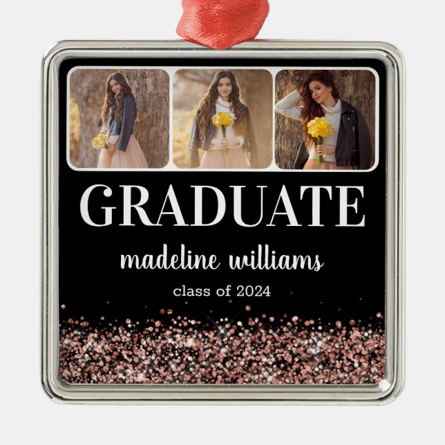 Graduation Rose Gold Glitter Three Photo Metal Ornament (Front)