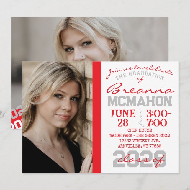 Graduation Rouge, Argent et Blanc 2 Invitation pho (Devant / Derrière)