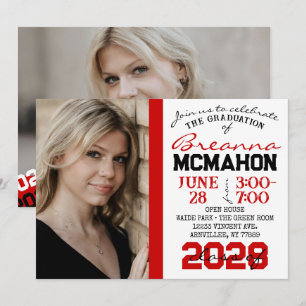 Graduation rouge, noir et blanc 2 Invitation photo