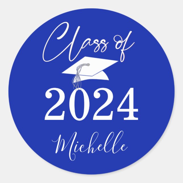 Graduation Royal Blue Script Class Year Classic Round Sticker (Front)