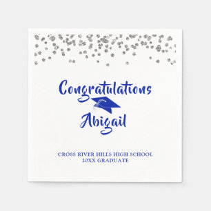 Graduation Royal Blue Silver Confetti Brush Script Napkin