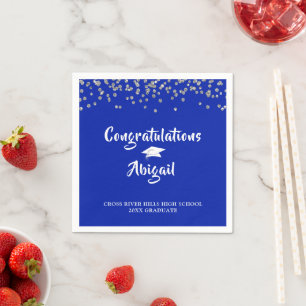 Graduation Royal Blue Silver Confetti Brush Script Napkin