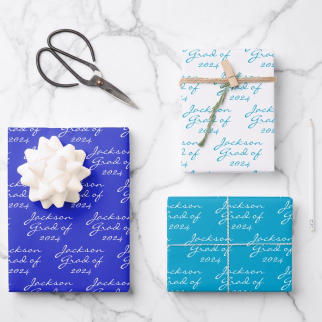 Graduation Royal Marine Aqua Blue Grad Name Wrapping Paper Sheet (Front)