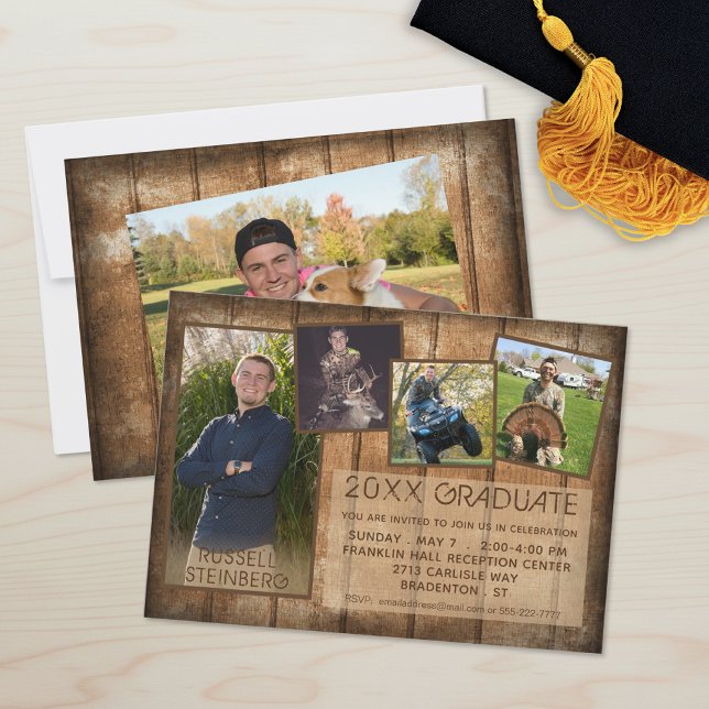 Graduation Rustic Country Wood 5 Photo Collage Invitation (Creator Uploaded)