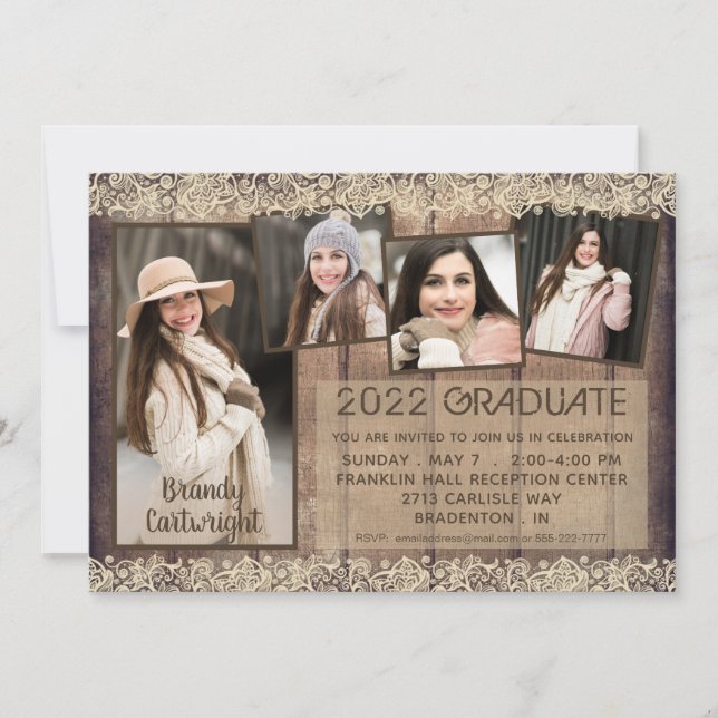 Graduation Rustic Country Wood Lace 5 Photo Invitation (Front)
