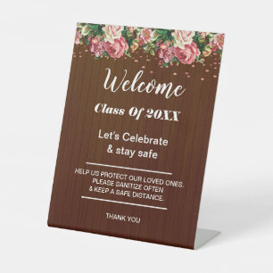 Graduation Rustic Dark Wood Floral Party safety Pedestal Sign