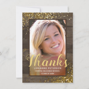 Graduation Rustic Glam Thanks Gold Script Photo Thank You Card