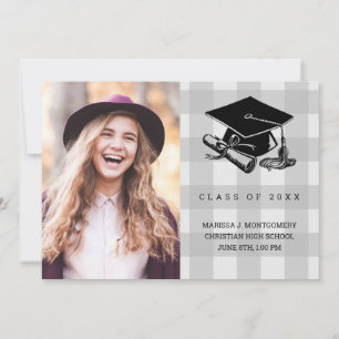 Graduation Rustic Grey Plaid Photo Grad Cap 2025 Announcement