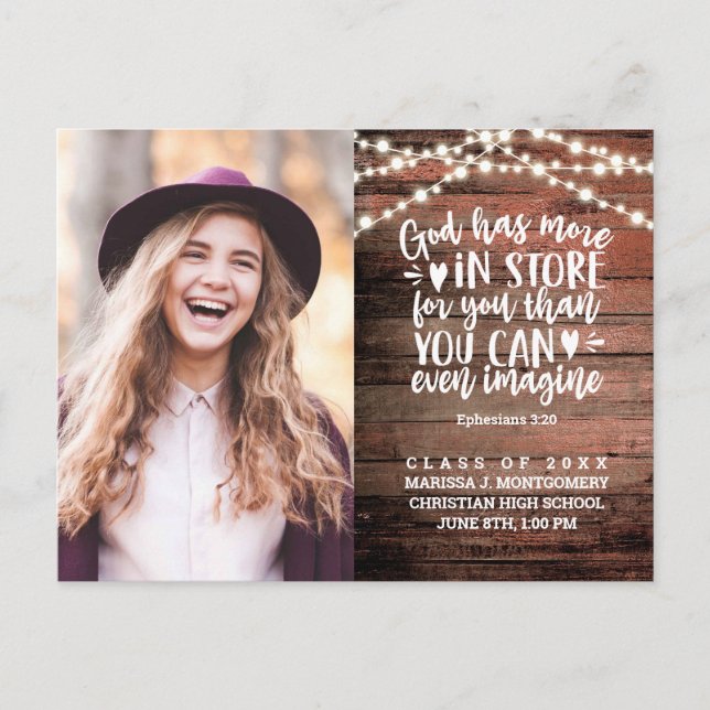 Graduation Rustic String Lights Photo Bible Verse Postcard (Front)
