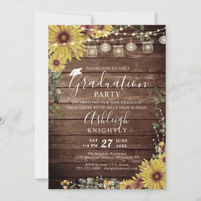 Graduation Rustic Sunflower Wood Script Invitation (Front)