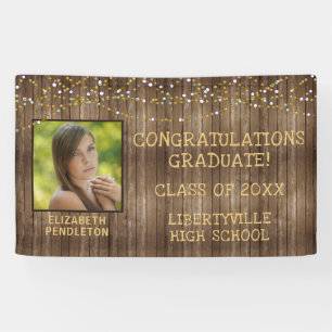 Graduation Rustic Wood String Lights Photo Banner