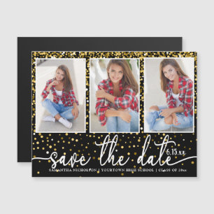 Graduation Save Date 3 Photo Gold Glitter Black Magnetic Invitation