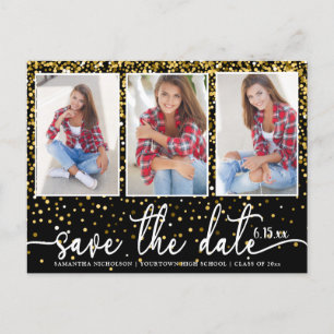 Graduation Save Date 4 Photo Gold Glitter Black Invitation Postcard