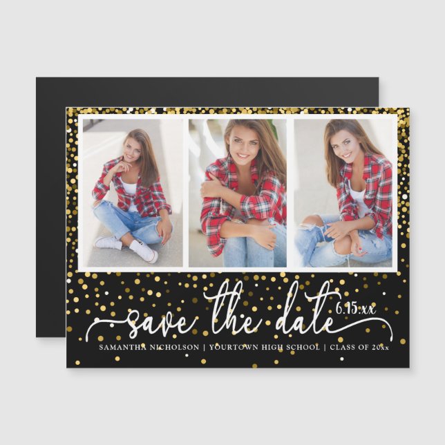 Graduation Save Date 4 Photo Gold Glitter Black Magnetic Invitation (Front/Back)
