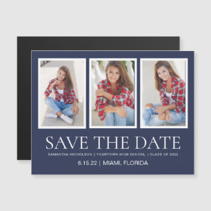 Graduation Save Date 4 Photo Navy Blue White Magnetic Invitation