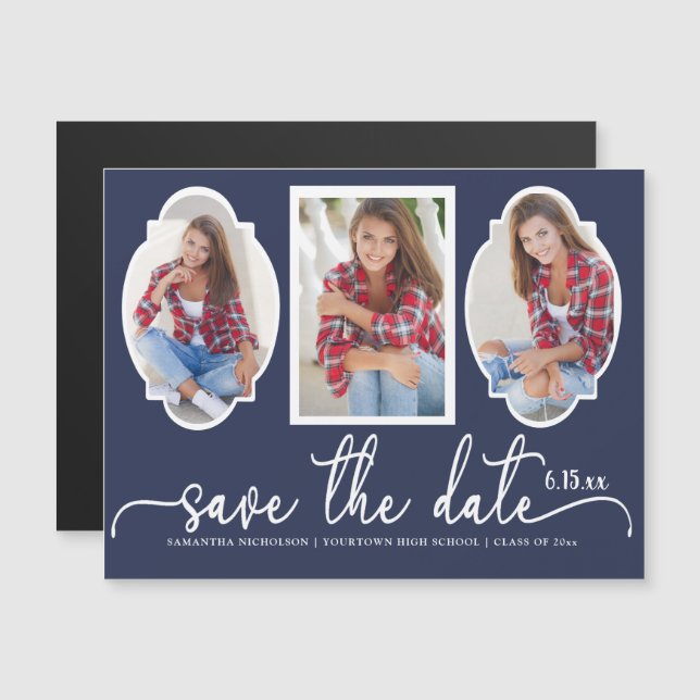 Graduation Save Date Cute 4 Photo Navy Blue White Magnetic Invitation (Front/Back)