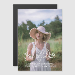 Graduation Save Date Whimsical Script Girl Photo Magnetic Invitation