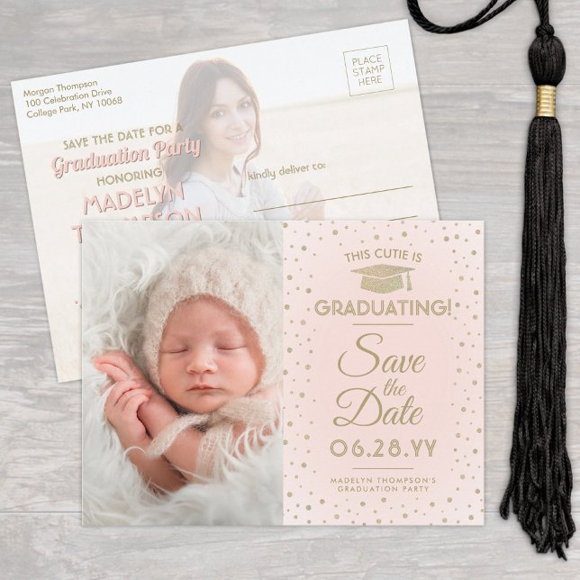Graduation Save the Date 2 Photo Blush Pink & Gold Announcement Postcard (Creator Uploaded)