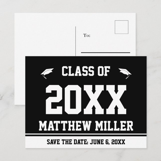 Graduation Save the Date Black and White Grad Name Announcement Postcard (Front/Back)
