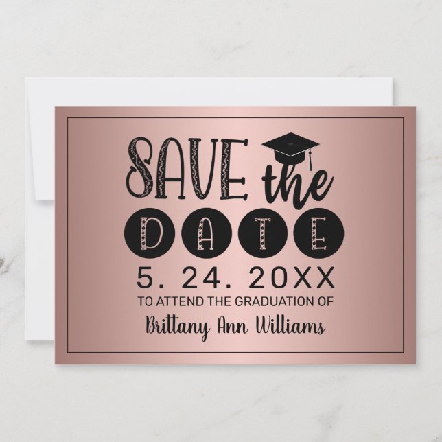 Graduation Save the Date Black Typography Rose Announcement (Front)