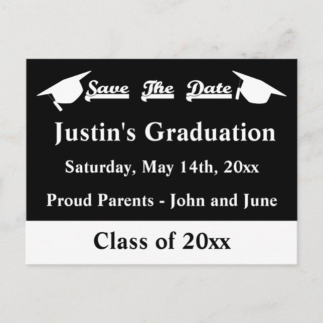 Graduation Save The Date Card White and Black (Front)