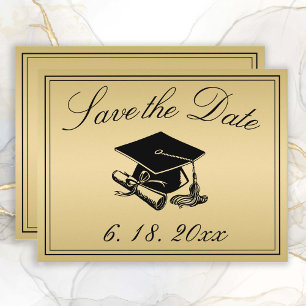 Graduation Save the Date Gold Black Cap Diploma Announcement