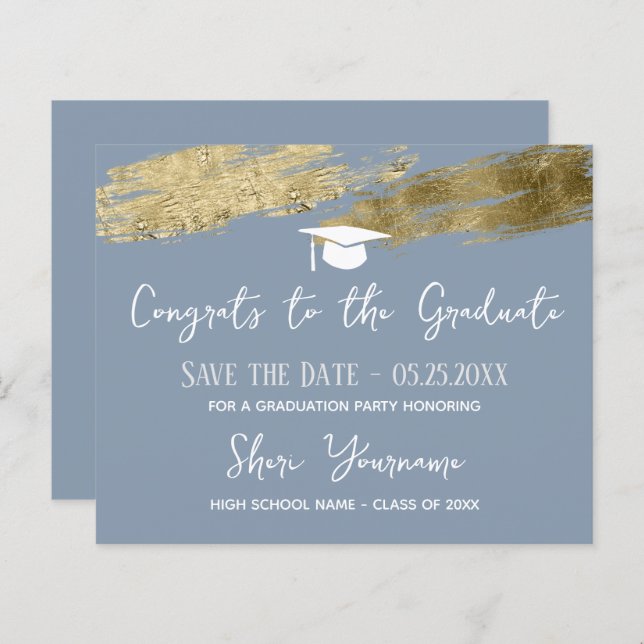 Graduation Save the date Gold Dusty Blue  (Front/Back)